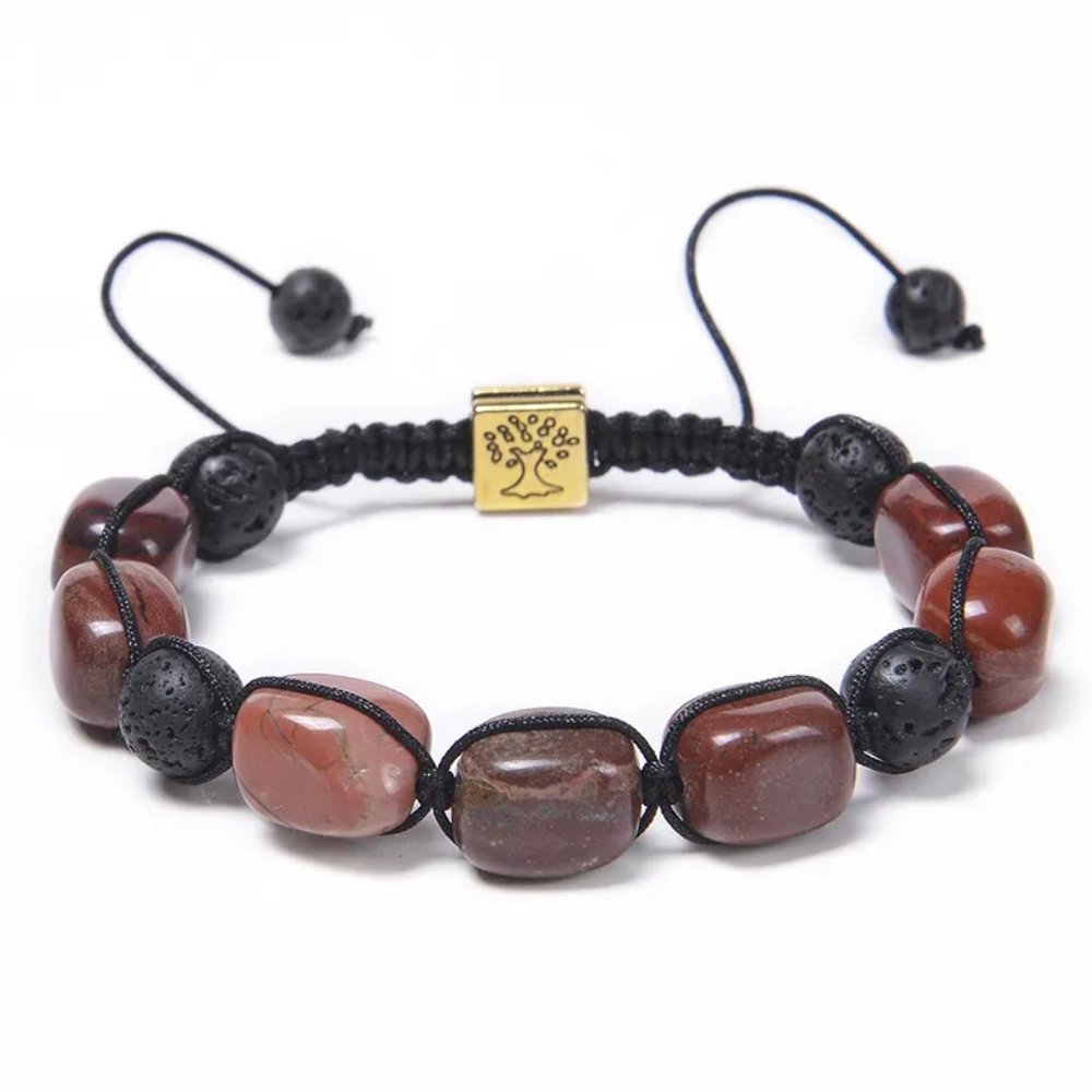 Unisex Red Aventurine & Black Lava Rock Beaded Adjustable Braided Rope Bracelet